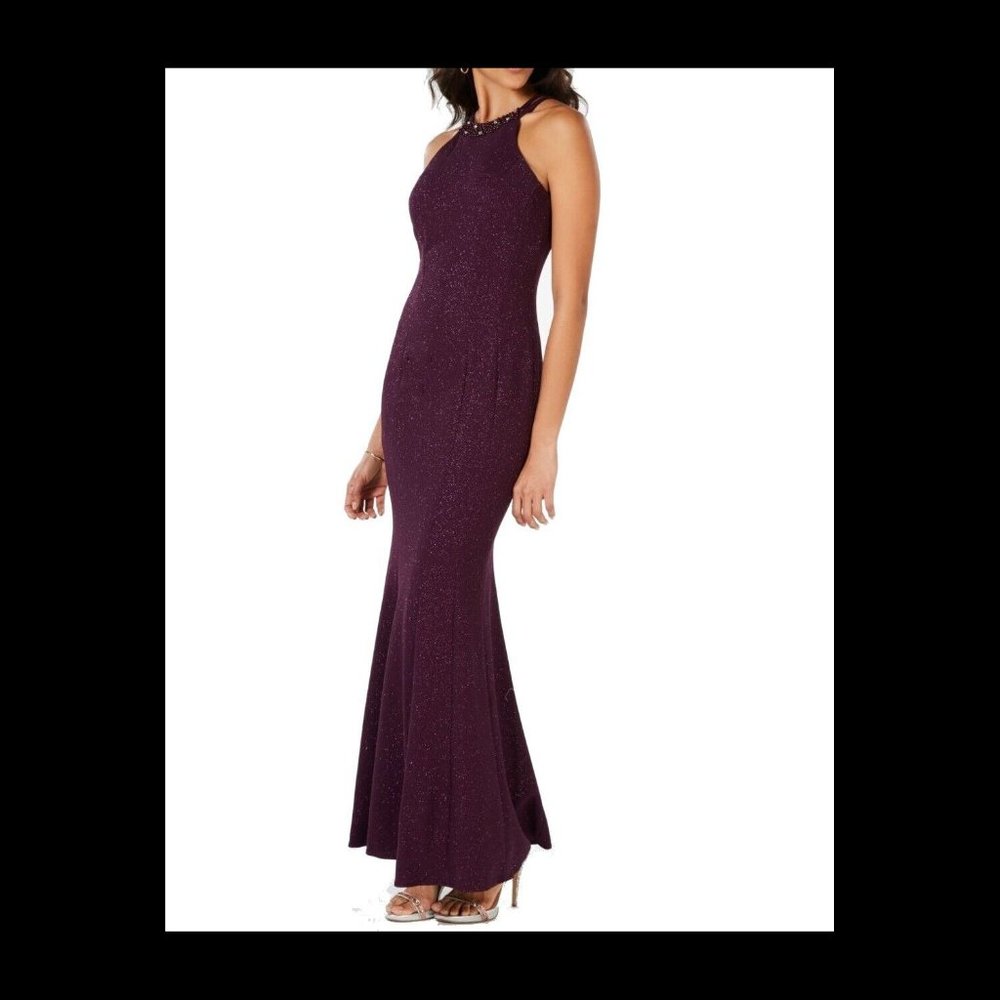 Nightway Purple Textured Beaded Shimmer Sleeveless Halter Dress Gown Size 4 NWT